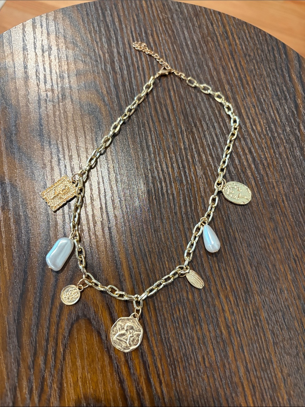 Gold Charm Link Necklace with Pearl Drops